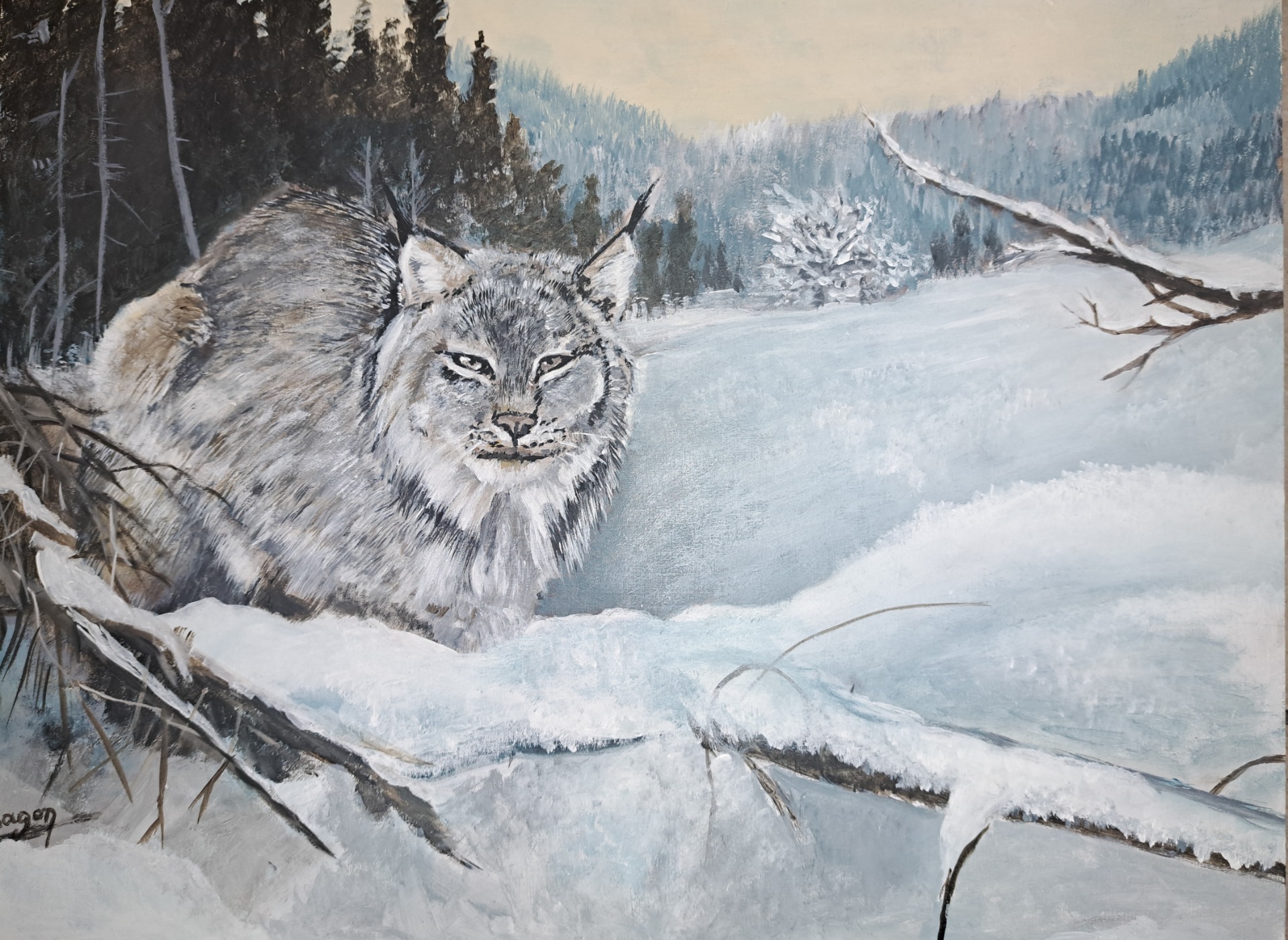 Lynx en Hiver - 30x40 cm - Acrylic on panel - 2025